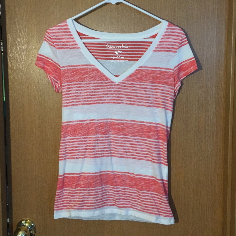 Peach Striped V-Neck Short Sleeve T-Shirt